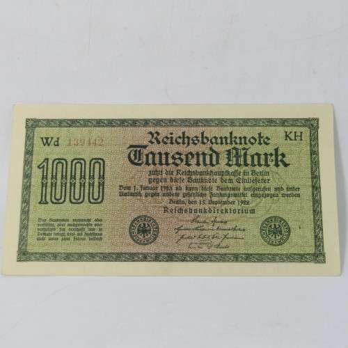 Lot of 4 German Reichs bank notes - 1000 Mark issued 1922 with consecutive numbers