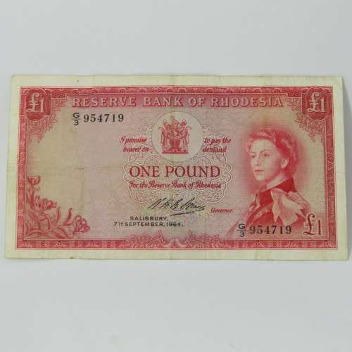 Rhodesia banknote one pound 7 September 1964 - Very Fine - with folds and creases