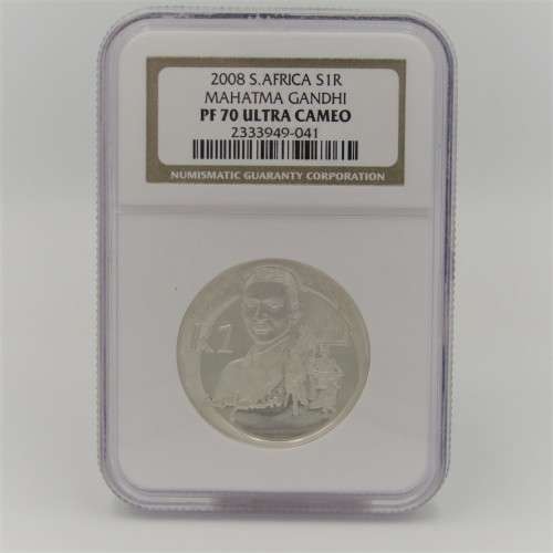 2008 RSA Mahatma Gandhi Proof silver R1 graded PF70 Ultra Cameo by NGC