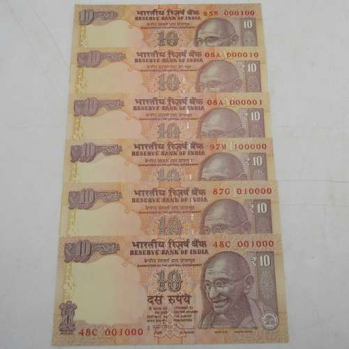 Lot of 6 x India Banknotes with number 000001, 000010, 000100, 001000, 010000, 100000 - uncirculated
