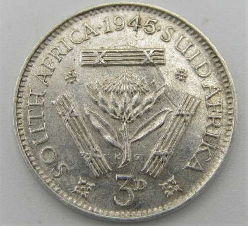 1945 South Africa 3d tickey - uncirculated with light wear