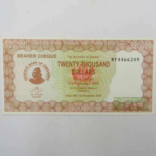 Zimbabwe $20000 bearer cheque - issued 1/12/2003