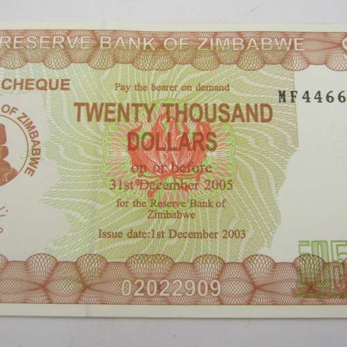 Zimbabwe $20000 bearer cheque - issued 1/12/2003
