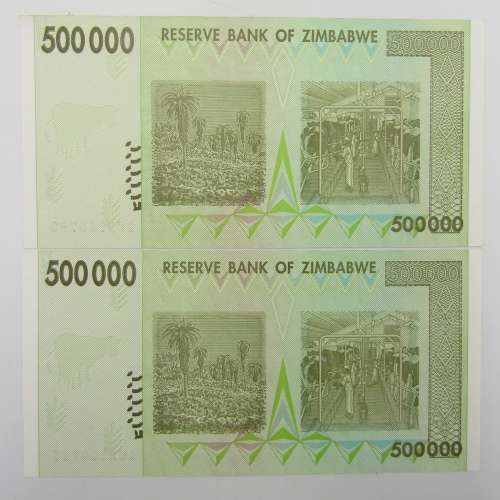 Zimbabwe Uncirculated Consecutive  numbered set of 4 x $500 000 banknotes