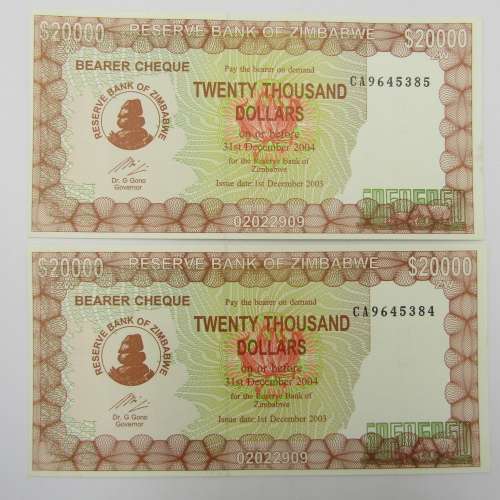 Uncirculated Pair of Zimbabwe bearer cheques $20 000 consecutive numbers