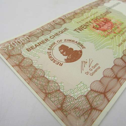 Uncirculated Pair of Zimbabwe bearer cheques $20 000 consecutive numbers