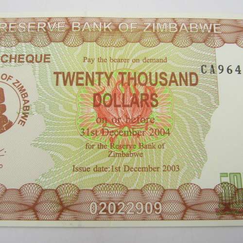 Uncirculated Pair of Zimbabwe bearer cheques $20 000 consecutive numbers