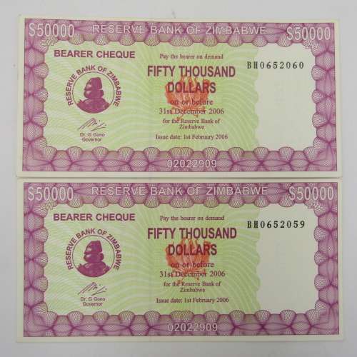 Zimbabwe Uncirculated pair of $50 000 bearer cheques 31 December 2006 Demand