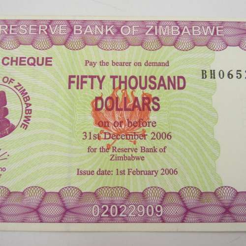 Zimbabwe Uncirculated pair of $50 000 bearer cheques 31 December 2006 Demand