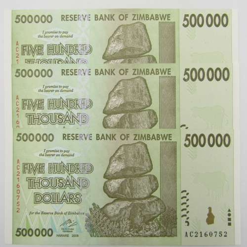 Zimbabwe Uncirculated set of 3 banknotes Five hundred thousand dollars $500 000