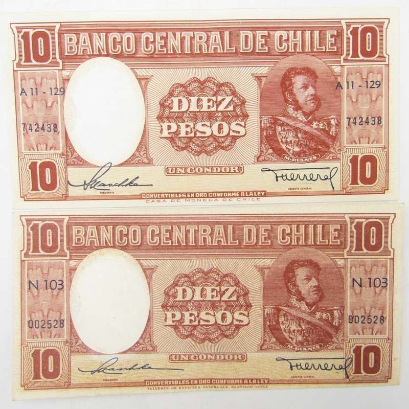 Chile 10 Pesos banknote (1 Condor) Maschke & Herrera - 2 variations AU+ and UNC
