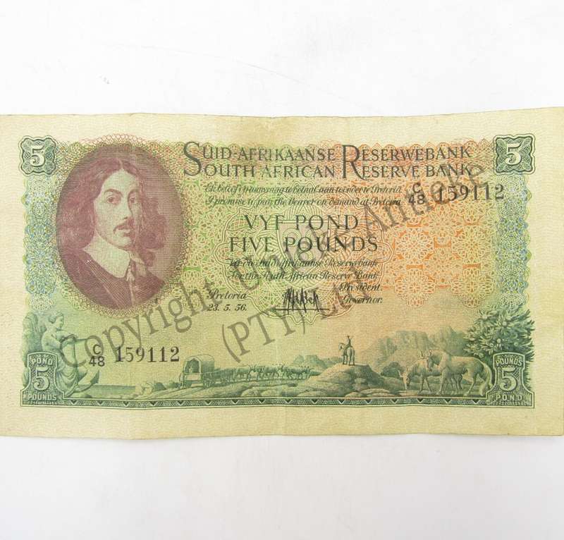 South Africa 1956 Afrikaans over English Five Pounds C48 - VF+