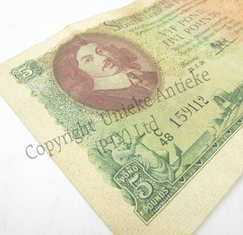 South Africa 1956 Afrikaans over English Five Pounds C48 - VF+