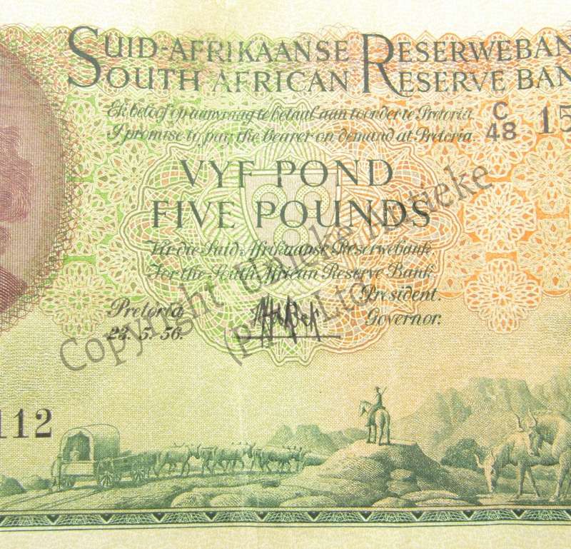 South Africa 1956 Afrikaans over English Five Pounds C48 - VF+