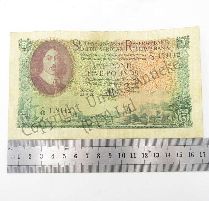 South Africa 1956 Afrikaans over English Five Pounds C48 - VF+