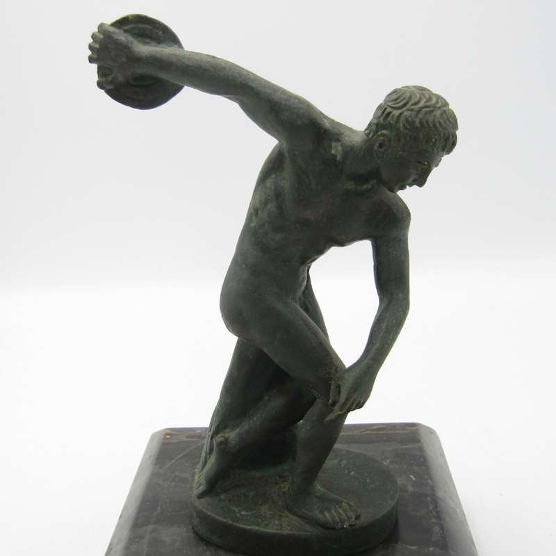 Vintage bronze discus thrower sculpture on stone base