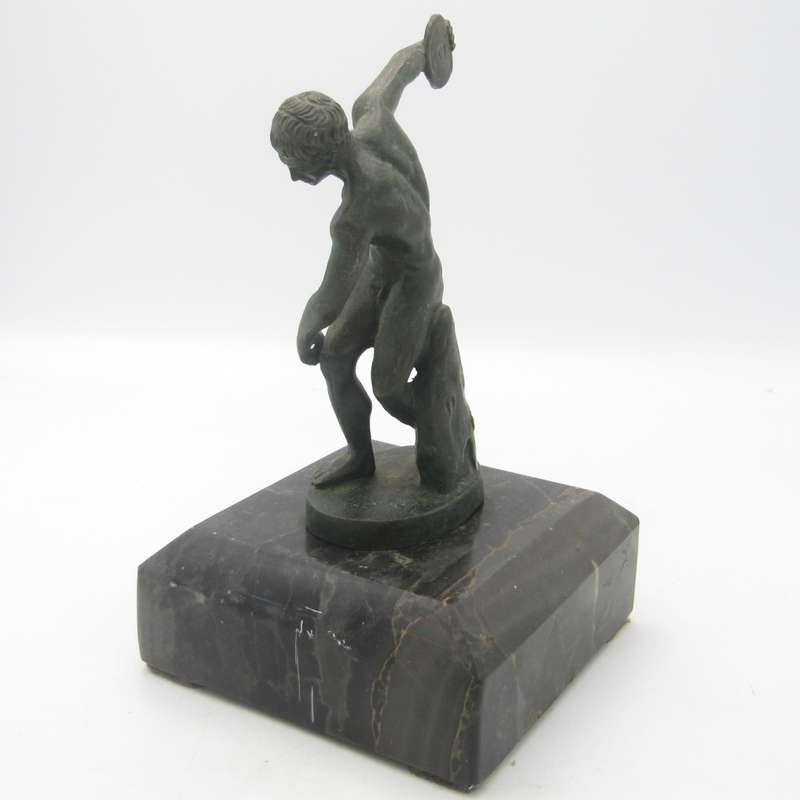 Vintage bronze discus thrower sculpture on stone base