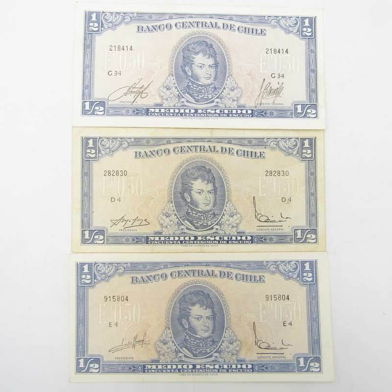 Chile Half Escudo notes - 3 different signature variations UNC, AU & VF