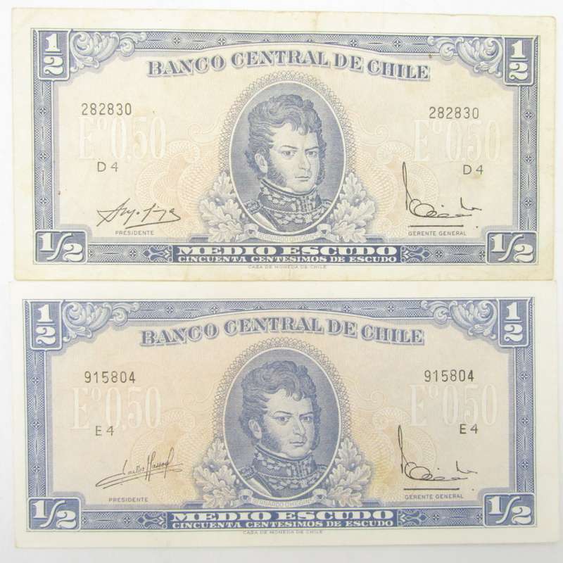 Chile Half Escudo notes - 3 different signature variations UNC, AU & VF