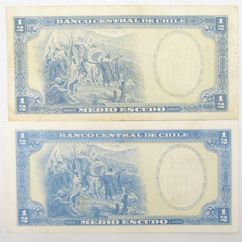 Chile Half Escudo notes - 3 different signature variations UNC, AU & VF