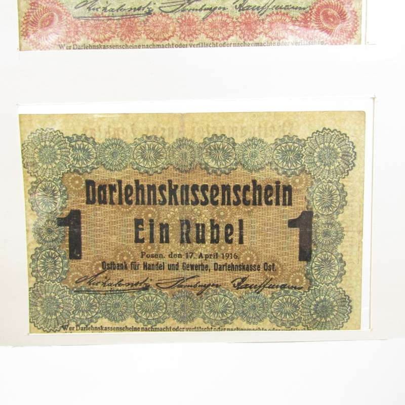 Lot of 2 German Ostbank WW1 antique banknotes 1 Rubel & 50 Kopeken