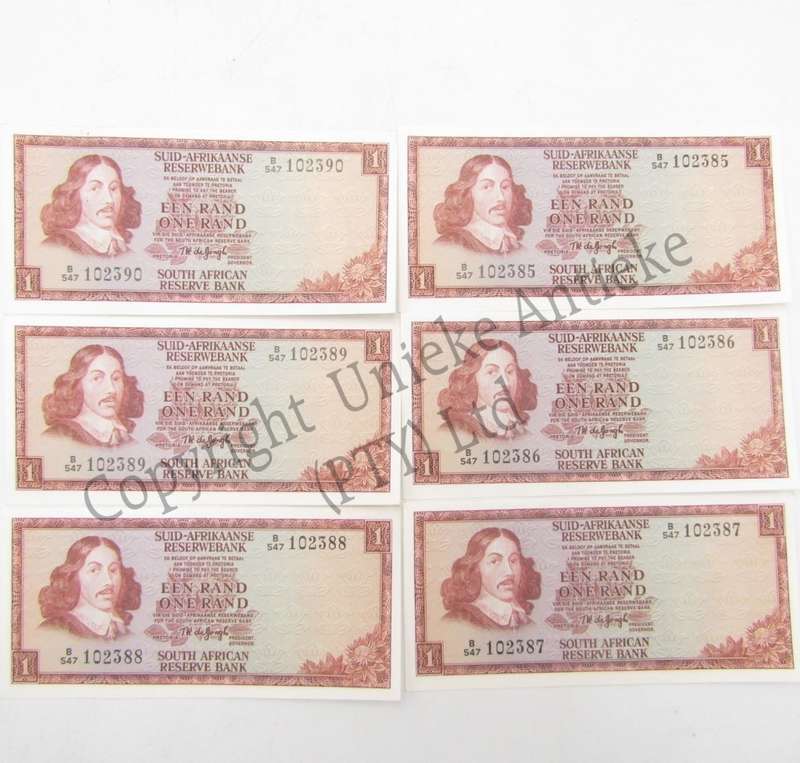Lot of 6 x TW de Jongh uncirculated R1 banknotes with consecutive numbers