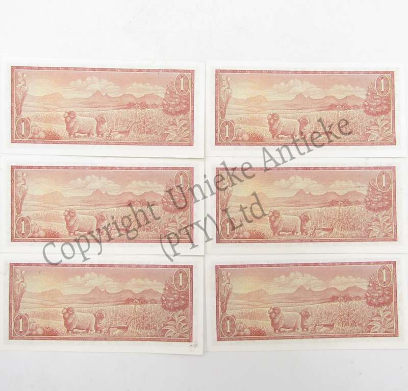 Lot of 6 x TW de Jongh uncirculated R1 banknotes with consecutive numbers
