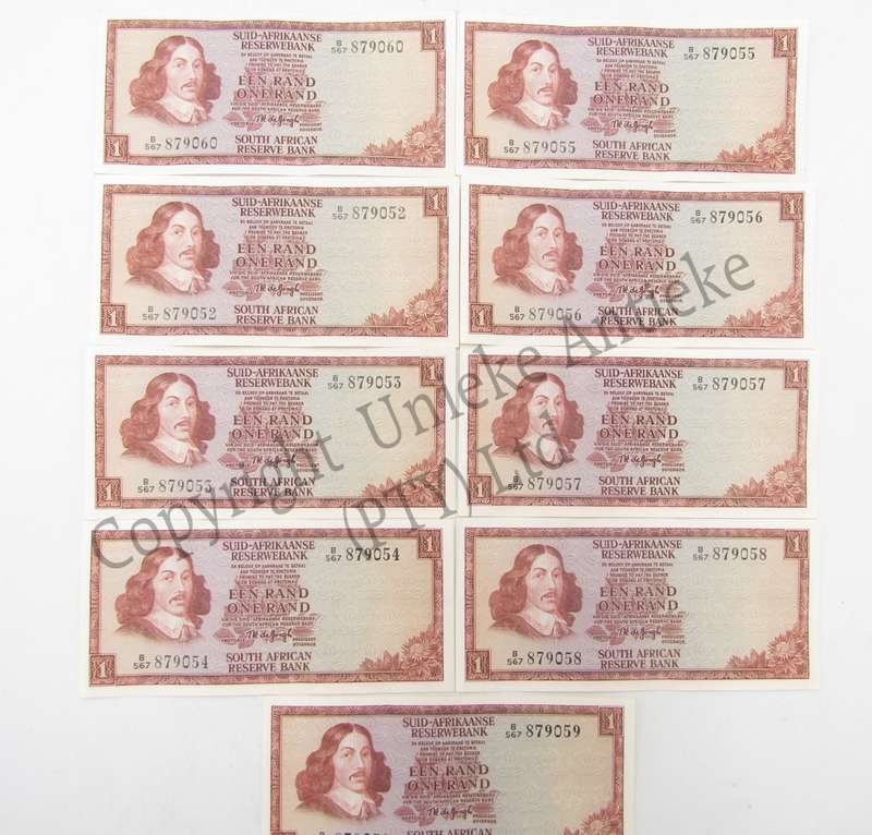 TW de Jongh lot of 9 x R1 banknotes in sequence - 3rd issue