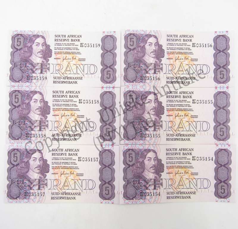 GPC de Kock 3rd Issue lot of 6 uncirculated R5 notes in sequence