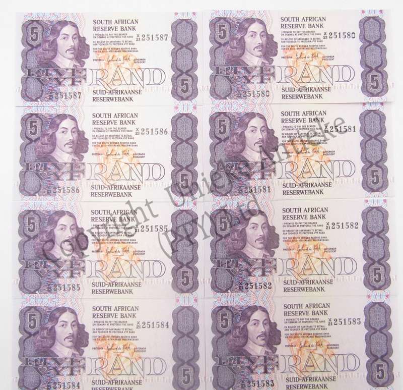 Lot of 8 GPC de Kock 3rd issue R5 notes - Replacement banknotes in sequence