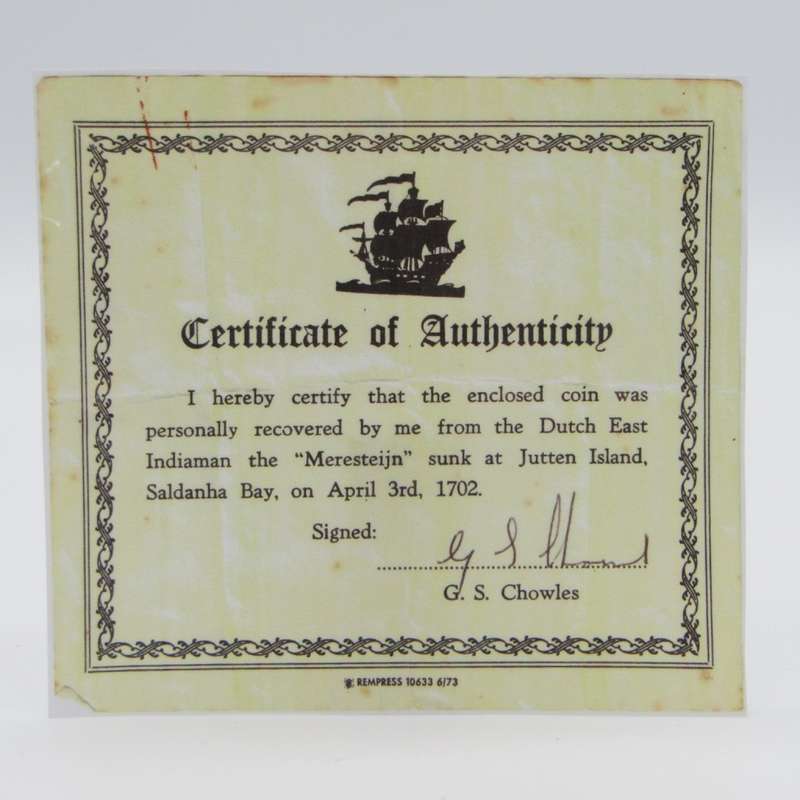 1655 Philip IV half ducation Merenstijn shipwreck coin with copy of certificate by G.S Chowles