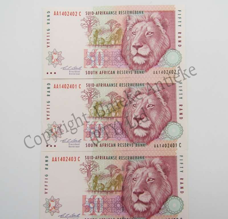 Lot of 3 consecutive numbered CL Stals R50 banknotes