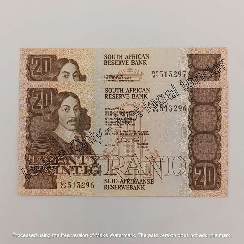 Lot of 2 GPC de Kock R20 banknotes with consecutive numbers