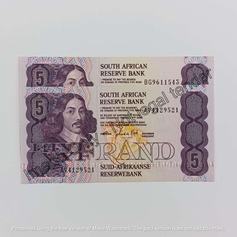Banknotes SA 1989 & 1990 GPC de Kock R5 notes uncirculated