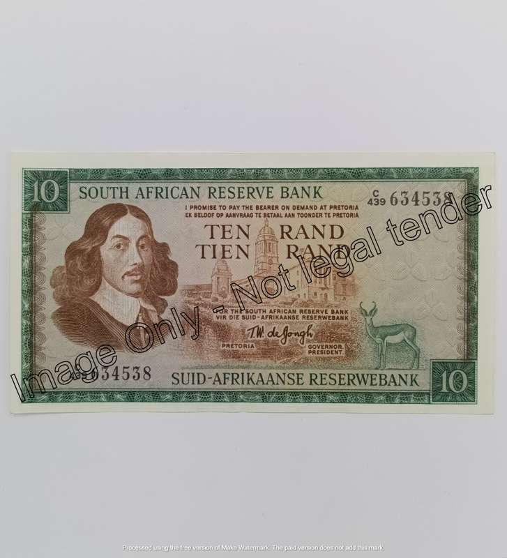 South Africa 1975 TW de Jongh 3rd issue lot of 2 x R10 banknotes with consecutive numbers