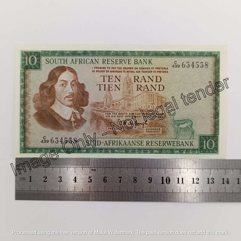 South Africa 1975 TW de Jongh 3rd issue lot of 2 x R10 banknotes with consecutive numbers