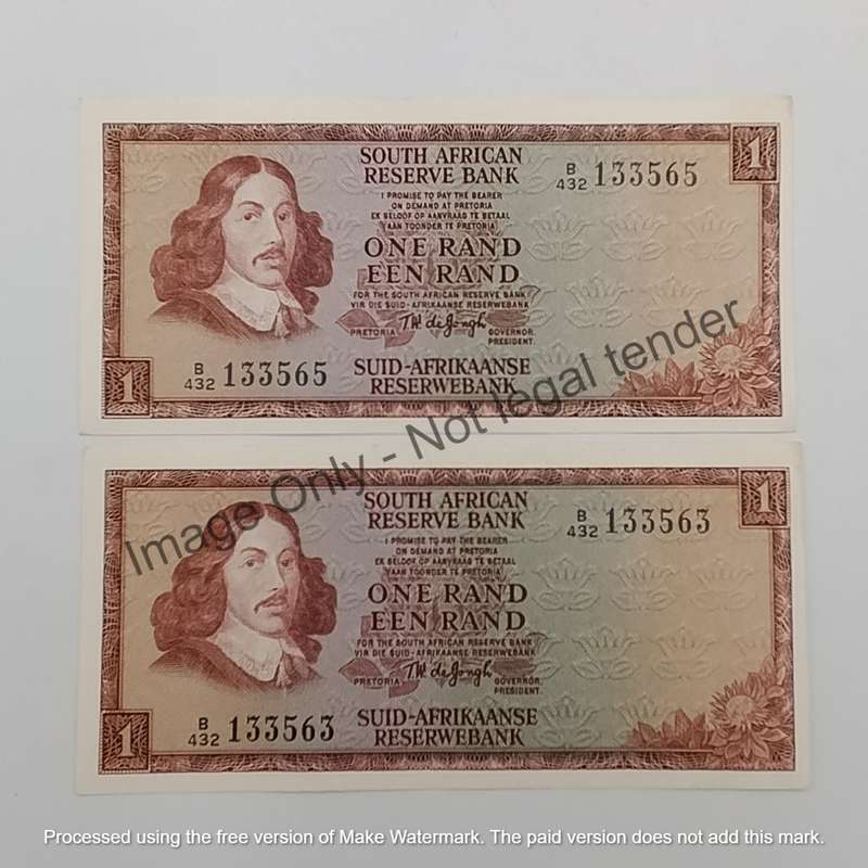 TW de Jongh Pair of uncirculated R1 banknotes 3rd Issue