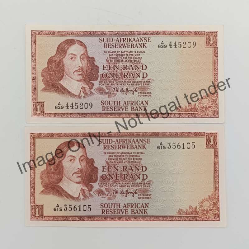 Lot of 2 TW de Jongh R1 banknotes 1967 & 1972 First Issue uncirculated with paperclip crease