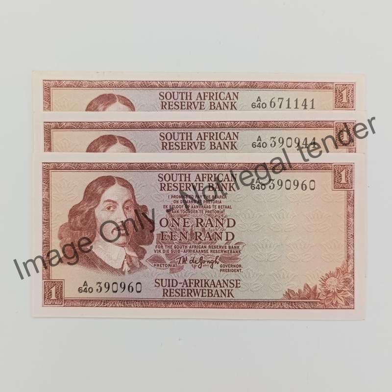 South Africa 3 TW de Jongh First Issue 1972 A640 uncirculated banknotes - paperclip crease
