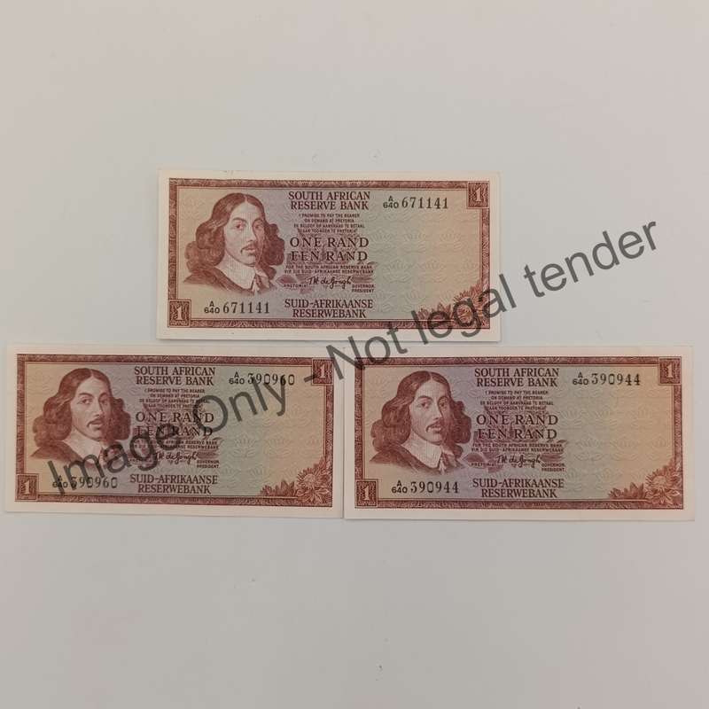 South Africa 3 TW de Jongh First Issue 1972 A640 uncirculated banknotes - paperclip crease