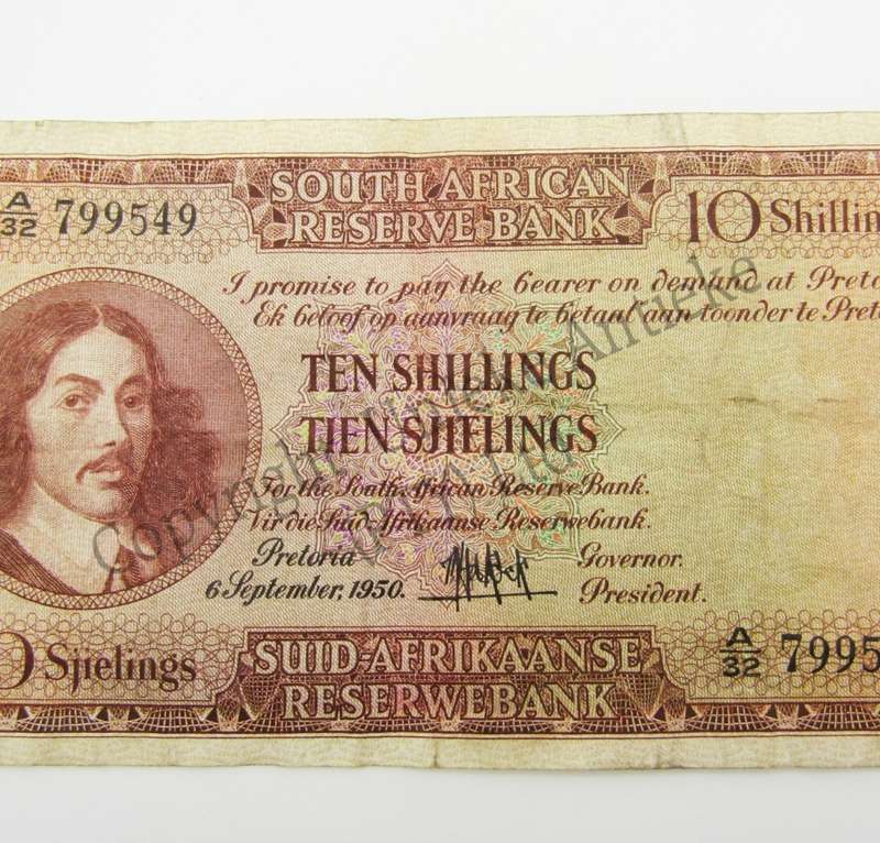 MH de Kock Ten Shillings 1950 E/A A32 VF