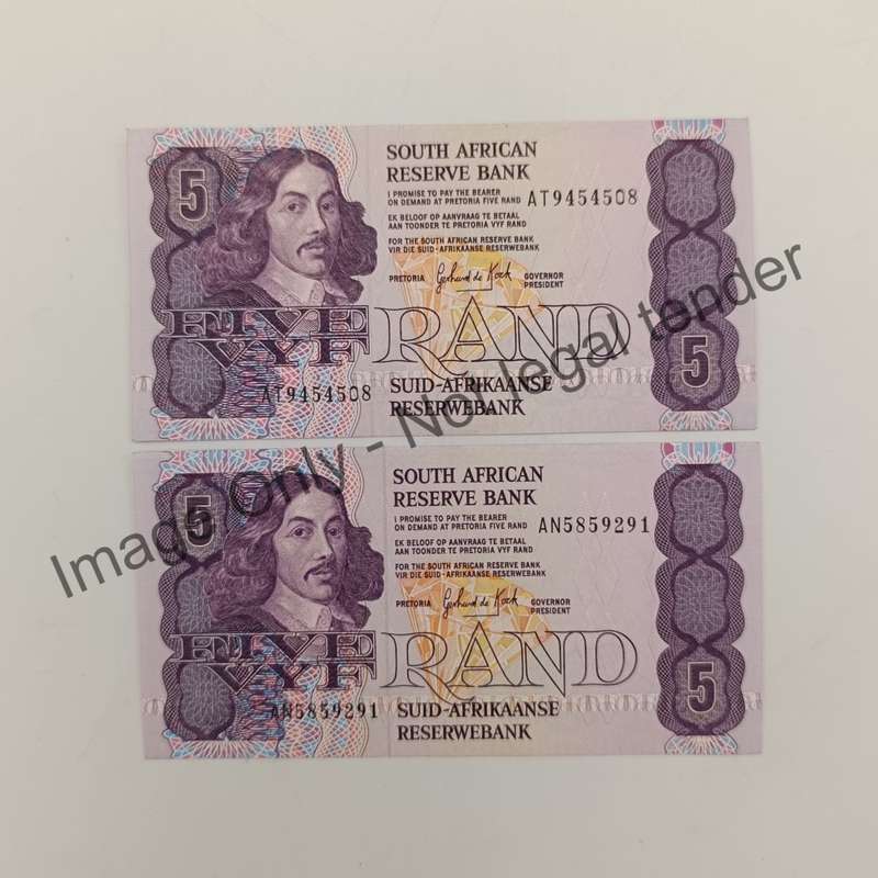 GPC de Kock 3rd Issue R5 notes - uncirculated - Lot of 5 - 1989 A numbers
