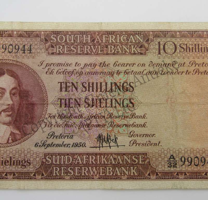 MH de Kock Ten Shillings 1950 - E/A - A32 - VF