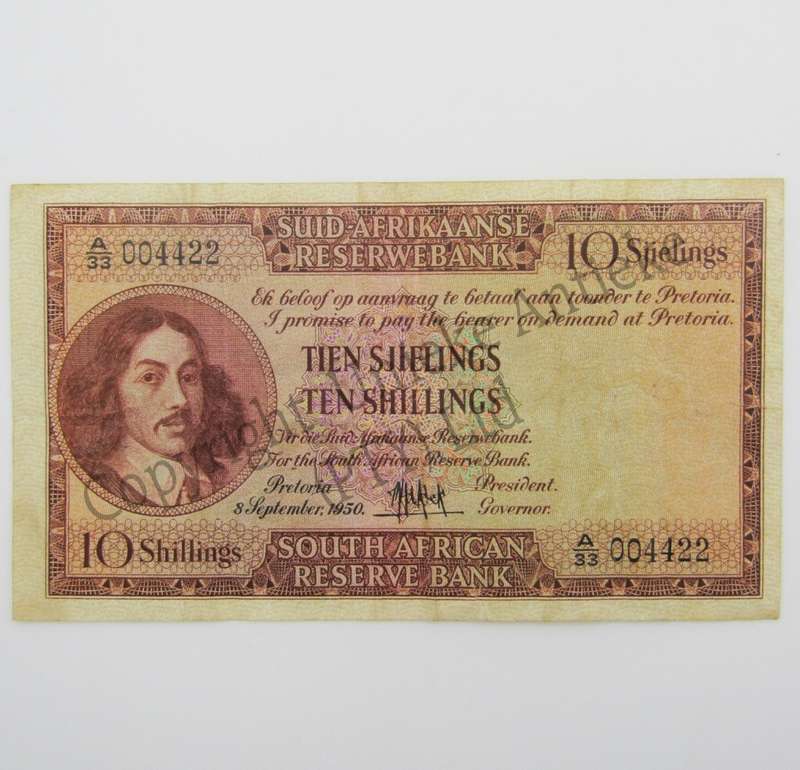 MH de Kock Ten Shillings 1950 - A/E - A33 - VF with number 004422