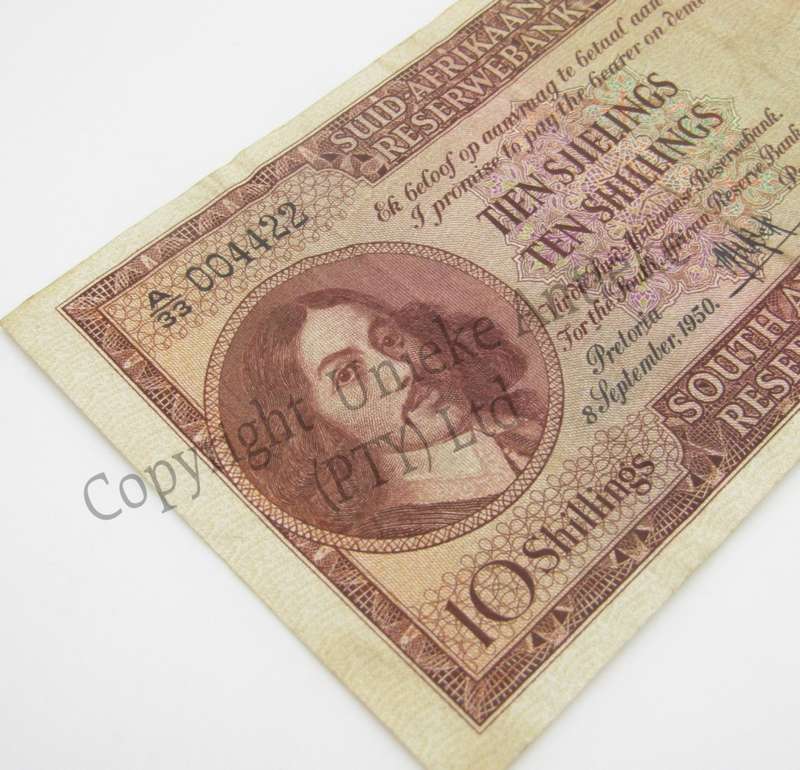 MH de Kock Ten Shillings 1950 - A/E - A33 - VF with number 004422
