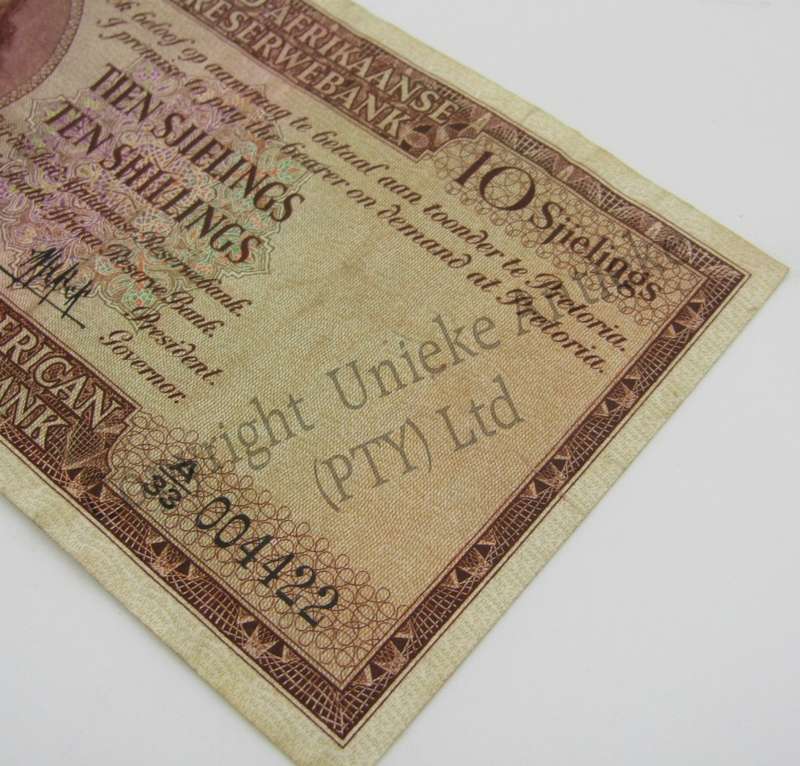MH de Kock Ten Shillings 1950 - A/E - A33 - VF with number 004422