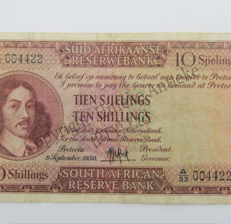MH de Kock Ten Shillings 1950 - A/E - A33 - VF with number 004422