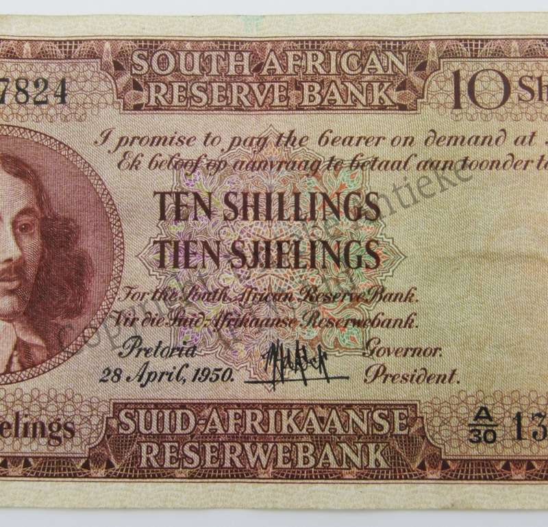 MH de Kock Ten Shillings 1950 - E/A - A30 - EF