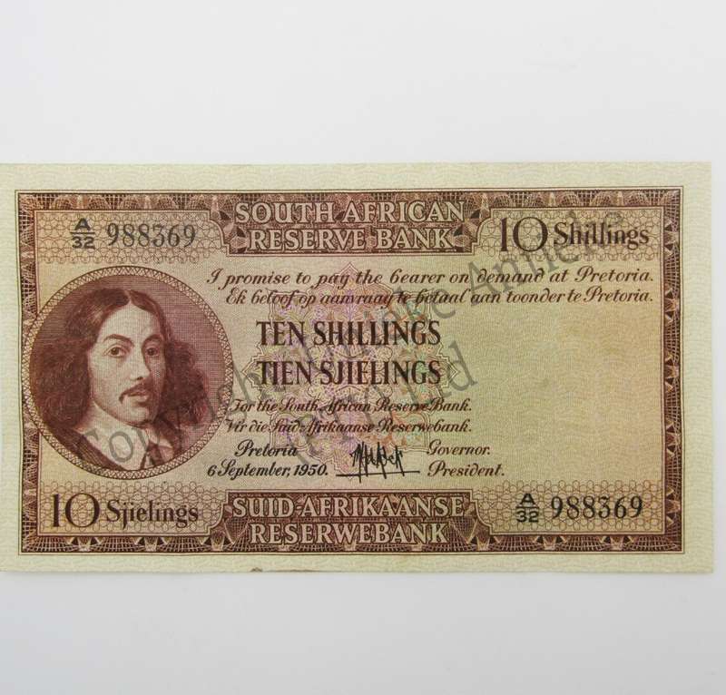 MH de Kock Ten Shillings 1950 - E/A - A32 - EF+ with creases