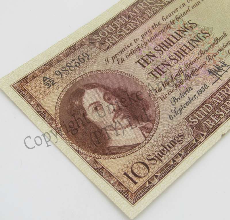 MH de Kock Ten Shillings 1950 - E/A - A32 - EF+ with creases